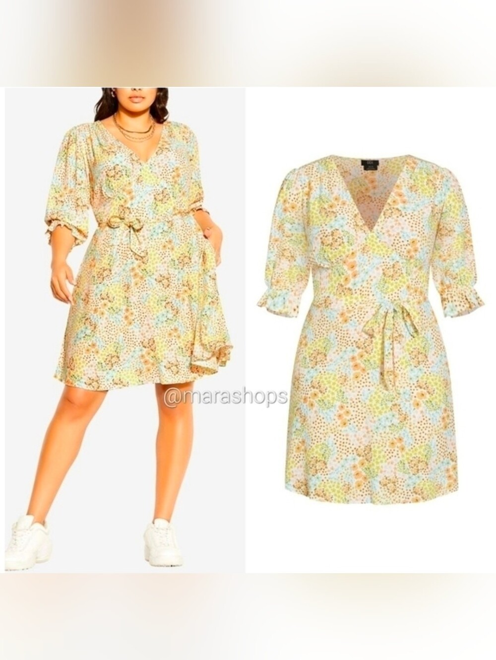 City Chic Bloom Floral Tie Waist Long Sleeve Dress